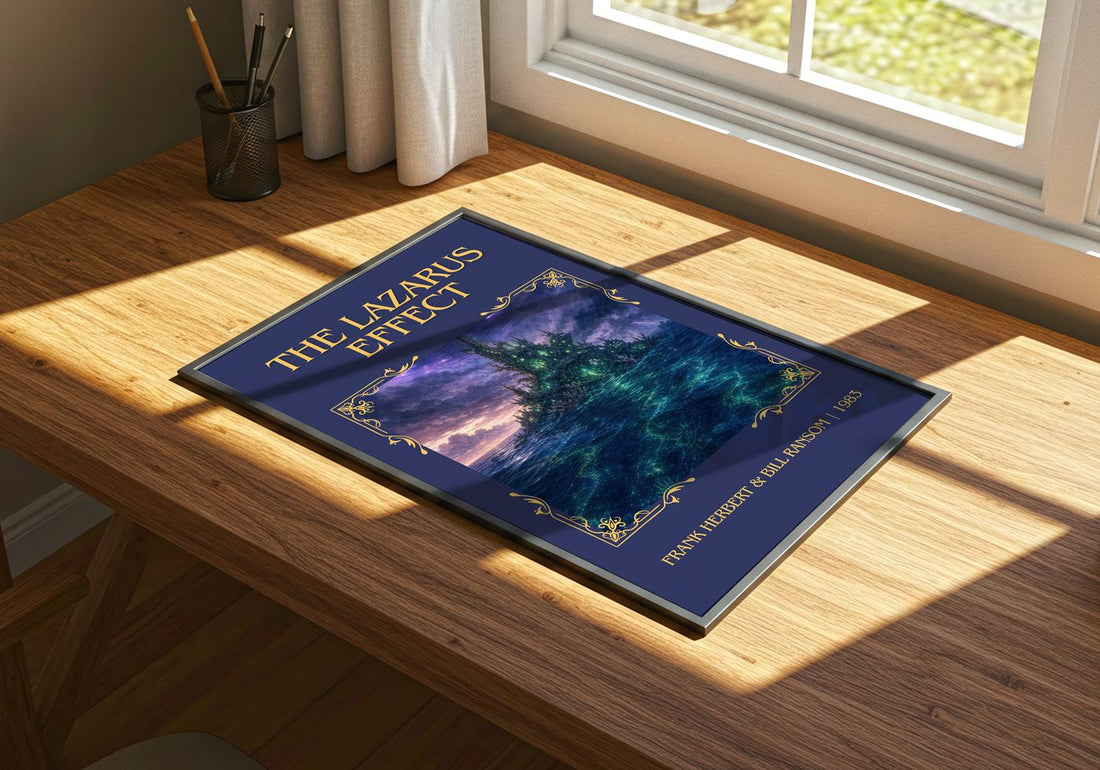 Lazarus Effect Classic Book Art Print by Frank Herbert & Bill Ransom – print on a sunlit desk