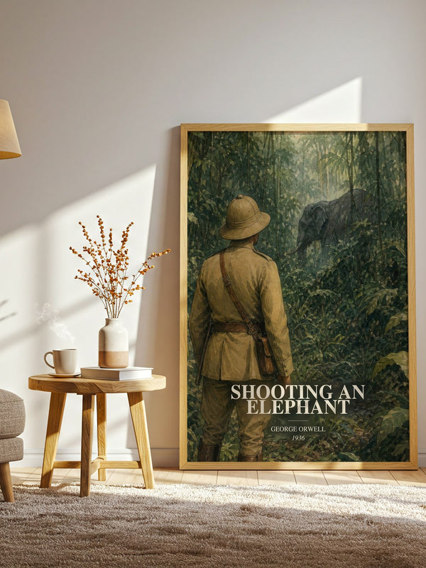 Shooting An Elephant watercolour print in frame leaning in hallway – non fiction wall art