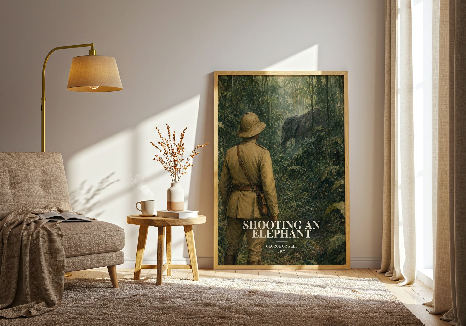 Shooting An Elephant watercolour print in frame leaning in hallway – non fiction wall art