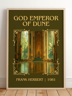 God Emperor Of Dune Classic Book Art Print by Frank Herbert – framed print leaning on a wooden floor