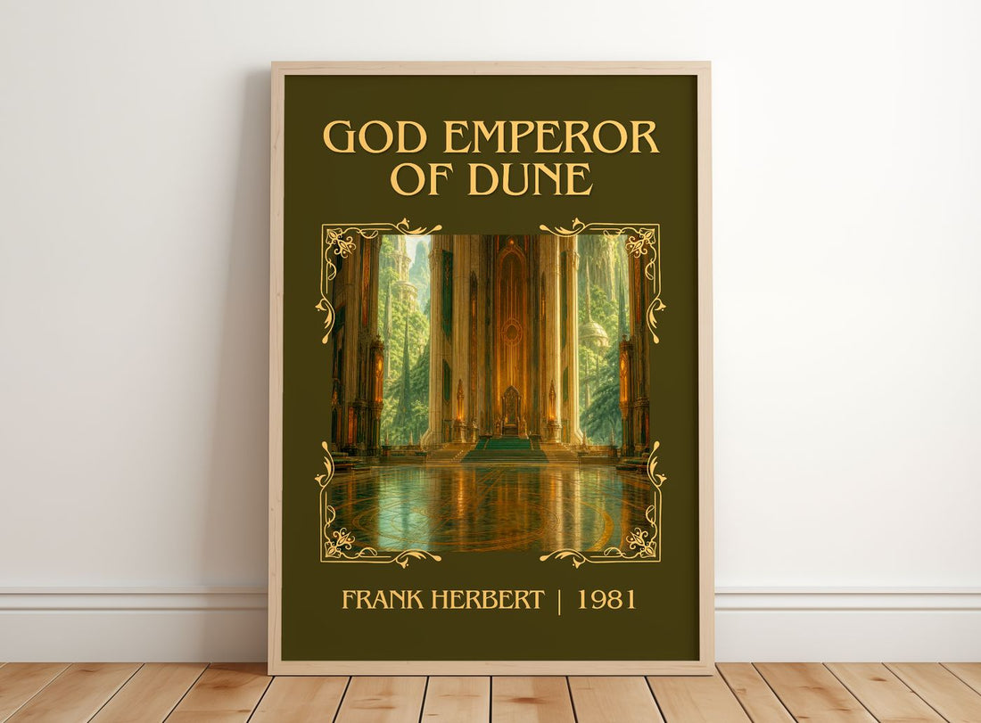 God Emperor Of Dune Classic Book Art Print by Frank Herbert – framed print leaning on a wooden floor