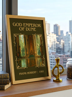 God Emperor Of Dune Classic Book Art Print by Frank Herbert – framed print on a city-view windowsill