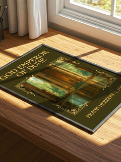 God Emperor Of Dune Classic Book Art Print by Frank Herbert – print on a sunlit desk