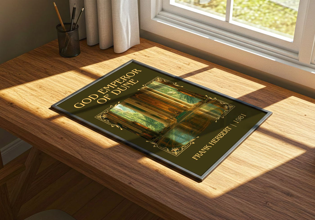 God Emperor Of Dune Classic Book Art Print by Frank Herbert – print on a sunlit desk