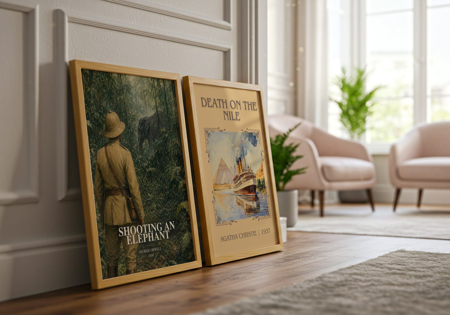 Shooting An Elephant watercolour print framed by window – literary home decor