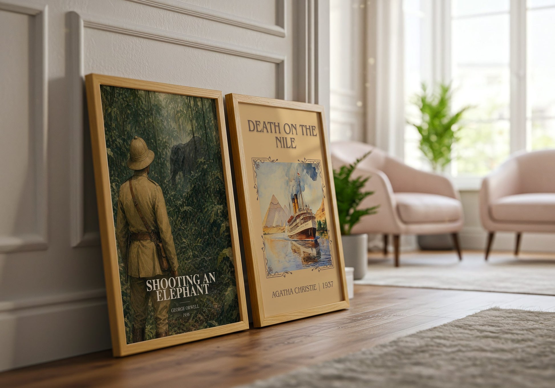 Shooting An Elephant watercolour print framed by window – literary home decor