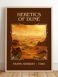 Heretics Of Dune Classic Book Art Print by Frank Herbert – framed print leaning on a wooden floor
