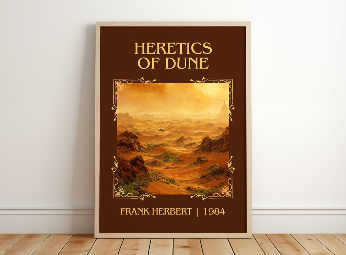 Heretics Of Dune Classic Book Art Print by Frank Herbert – framed print leaning on a wooden floor