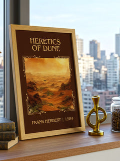 Heretics Of Dune Classic Book Art Print by Frank Herbert – framed print on a city-view windowsill