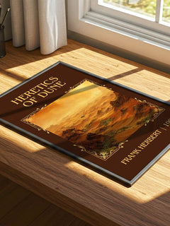 Heretics Of Dune Classic Book Art Print by Frank Herbert – print on a sunlit desk