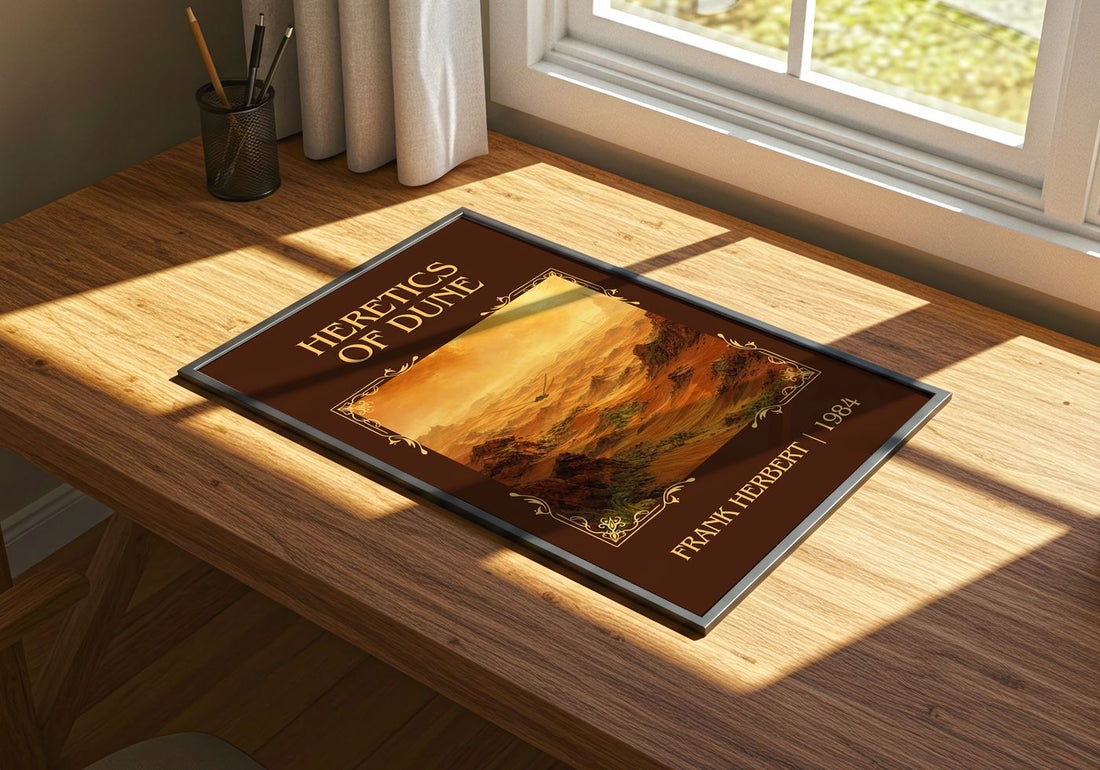 Heretics Of Dune Classic Book Art Print by Frank Herbert – print on a sunlit desk