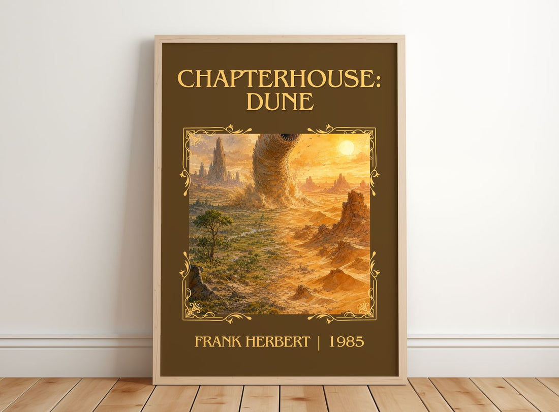 Chapterhouse: Dune Classic Book Art Print by Frank Herbert – framed print leaning on a wooden floor
