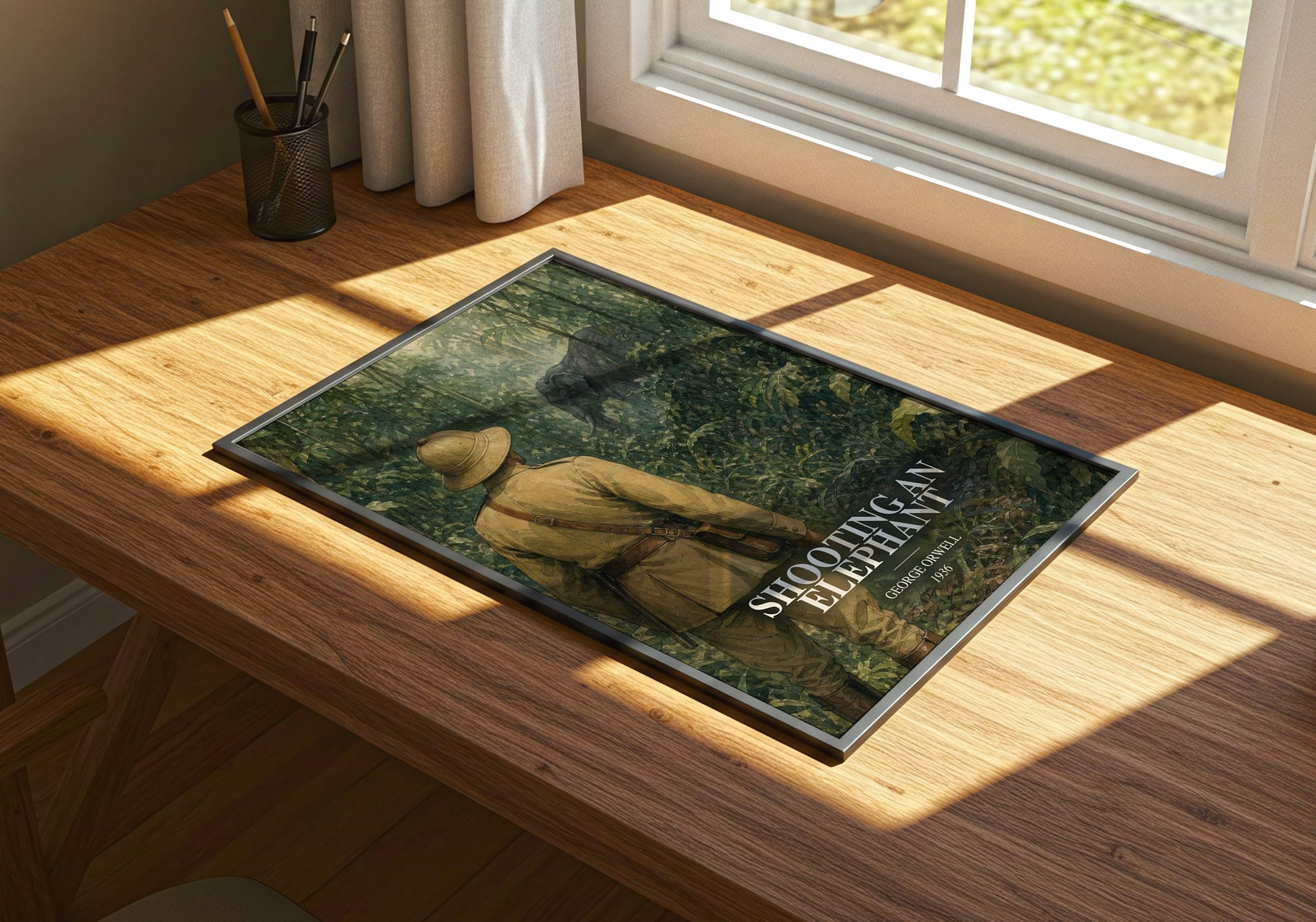 Shooting An Elephant watercolour book poster framed on wall – non fiction wall art