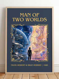 Man Of Two Worlds Classic Book Art Print by F. Herbert – framed print leaning on a wooden floor