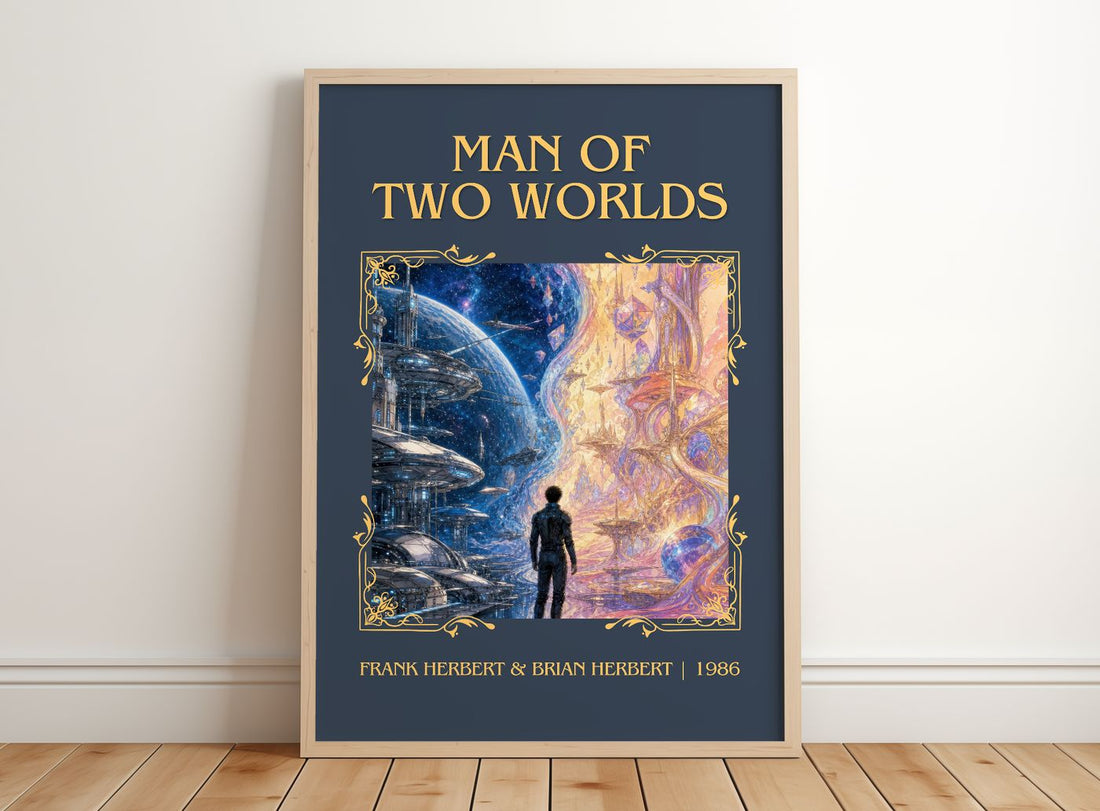 Man Of Two Worlds Classic Book Art Print by F. Herbert – framed print leaning on a wooden floor