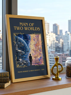 Man Of Two Worlds Classic Book Art Print by F. Herbert – framed print on a city-view windowsill