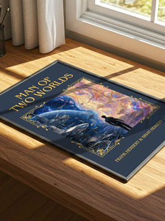 Man Of Two Worlds Classic Book Art Print by F. Herbert – print on a sunlit desk