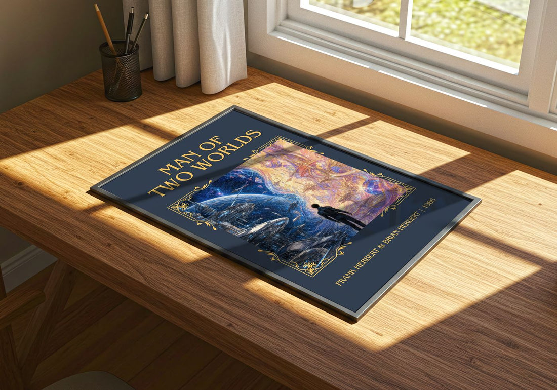 Man Of Two Worlds Classic Book Art Print by F. Herbert – print on a sunlit desk