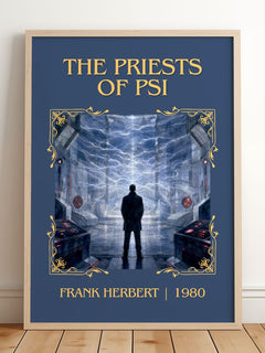 The Priests Of Psi Classic Book Art Print by Frank Herbert – framed print leaning on a wooden floor