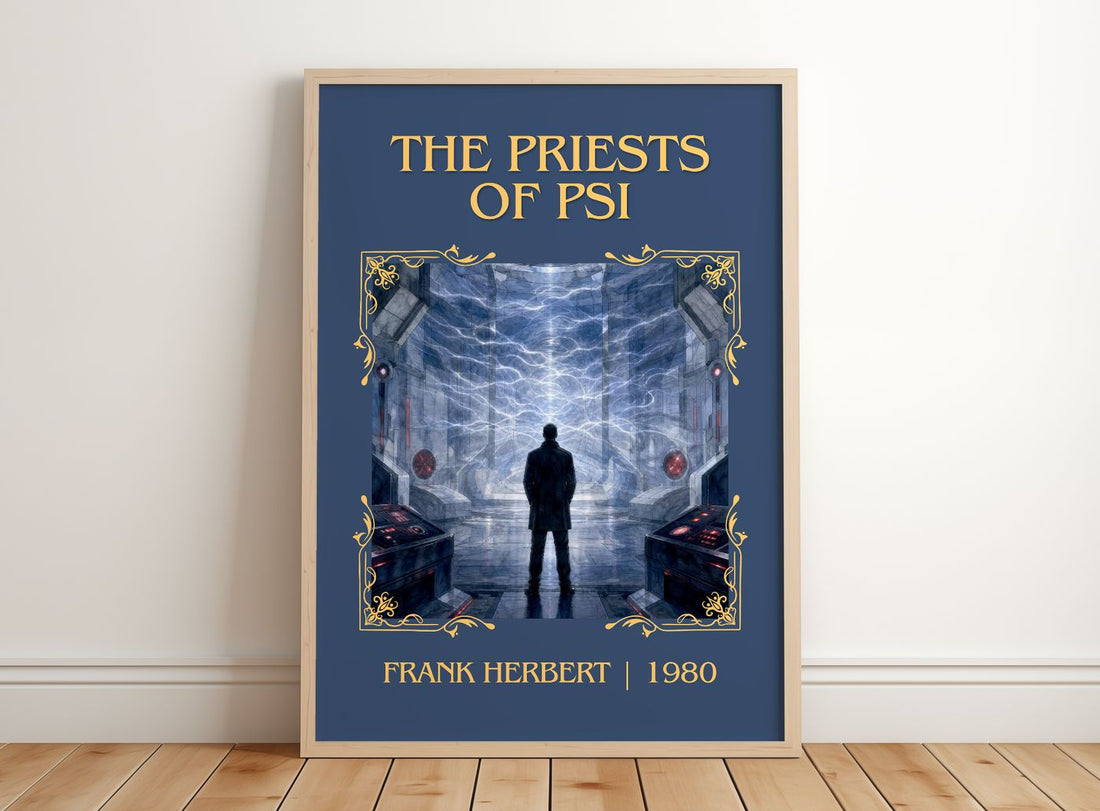 The Priests Of Psi Classic Book Art Print by Frank Herbert – framed print leaning on a wooden floor