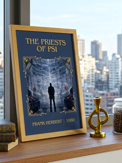 The Priests Of Psi Classic Book Art Print by Frank Herbert – framed print on a city-view windowsill