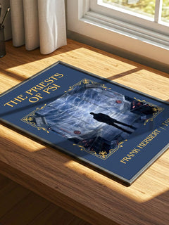 The Priests Of Psi Classic Book Art Print by Frank Herbert – print on a sunlit desk