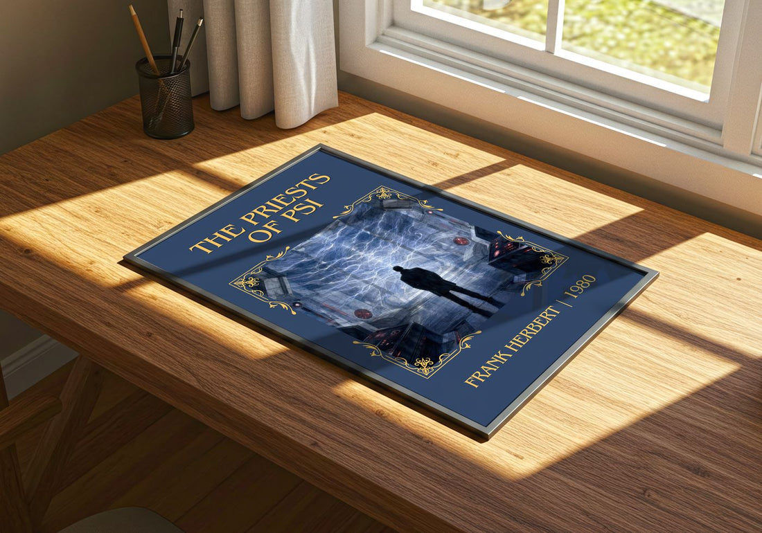 The Priests Of Psi Classic Book Art Print by Frank Herbert – print on a sunlit desk