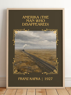 Amerika (The Man Who Disappeared) Classic Book Art Print by F. Kafka – framed print leaning on a wooden floor