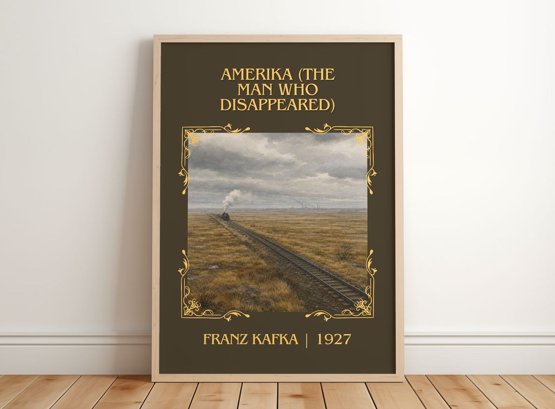 Amerika (The Man Who Disappeared) Classic Book Art Print by F. Kafka – framed print leaning on a wooden floor