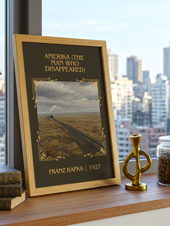 Amerika (The Man Who Disappeared) Classic Book Art Print by F. Kafka – framed print on a city-view windowsill