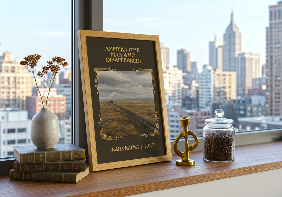 Amerika (The Man Who Disappeared) Classic Book Art Print by F. Kafka – framed print on a city-view windowsill