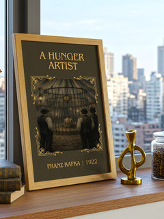 A Hunger Artist Classic Book Art Print by Franz Kafka – framed print on a city-view windowsill