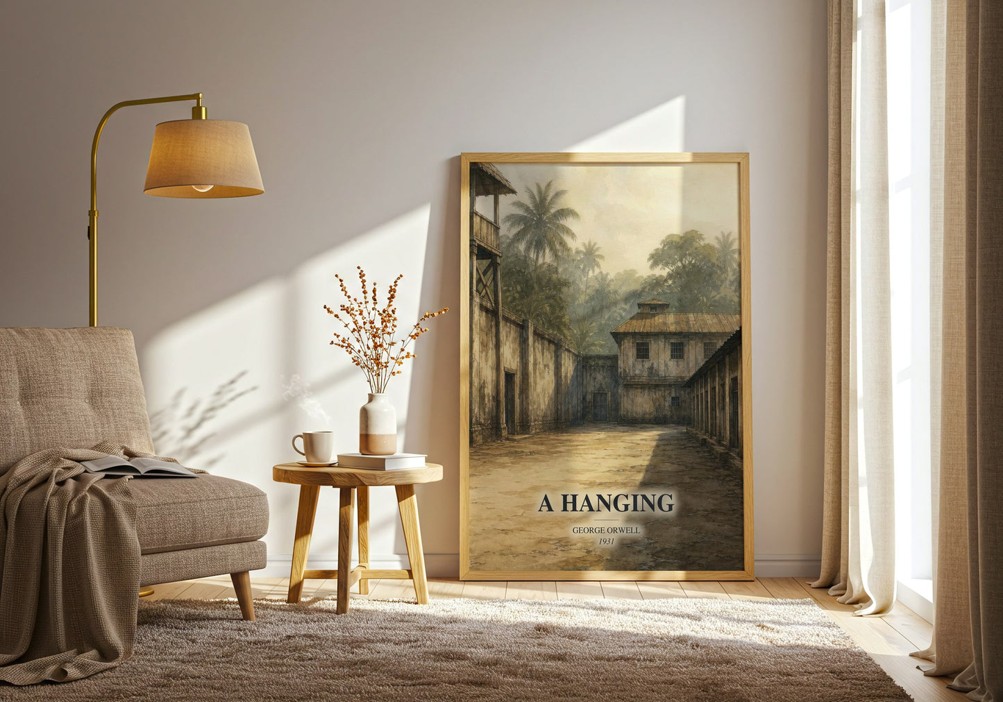A Hanging watercolour print in frame leaning in hallway – non fiction wall art