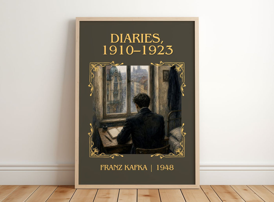 Diaries, 1910–1923 Classic Book Art Print by Franz Kafka – framed print leaning on a wooden floor