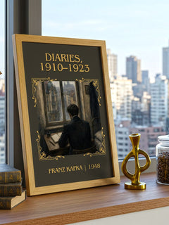 Diaries, 1910–1923 Classic Book Art Print by Franz Kafka – framed print on a city-view windowsill