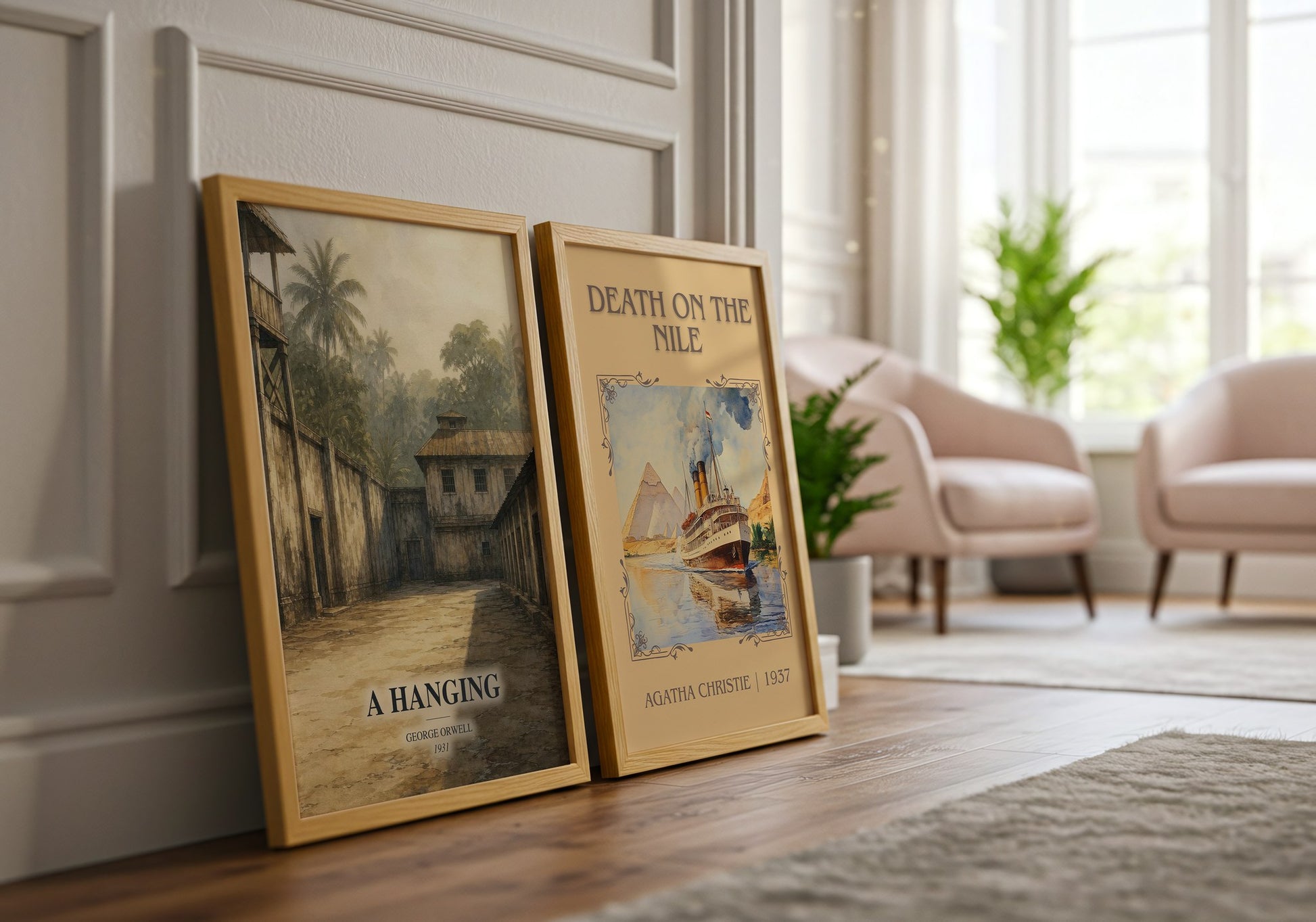 A Hanging watercolour print framed by window – literary home decor