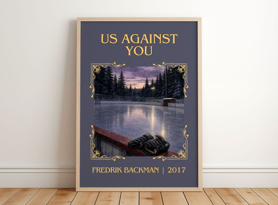 Us Against You Classic Book Art Print by Fredrik Backman – framed print leaning on a wooden floor