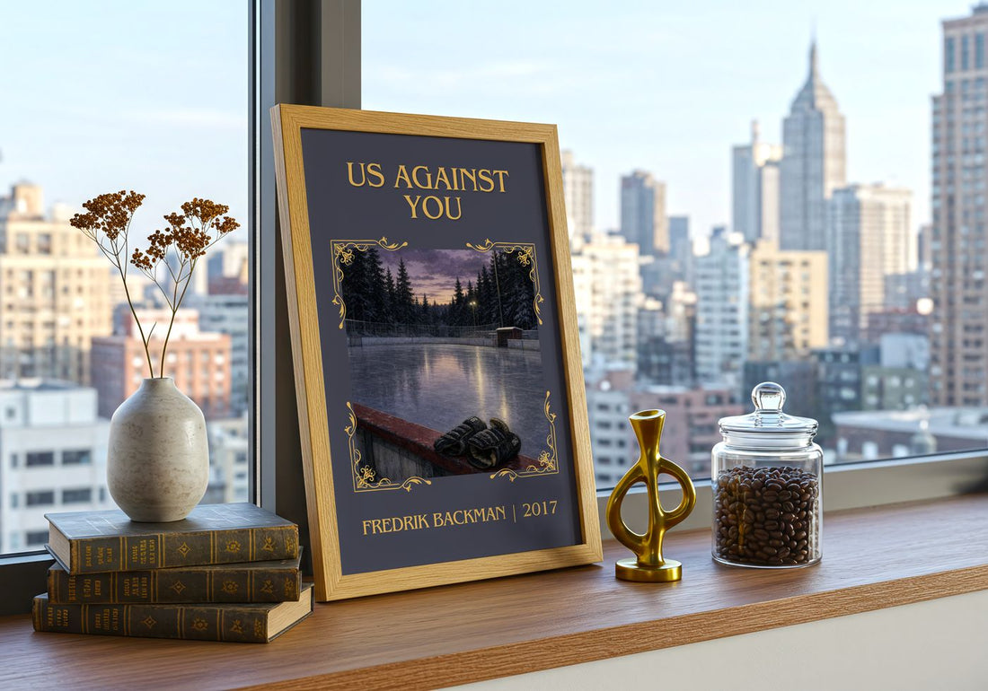 Us Against You Classic Book Art Print by Fredrik Backman – framed print on a city-view windowsill