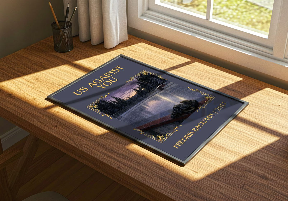 Us Against You Classic Book Art Print by Fredrik Backman – print on a sunlit desk
