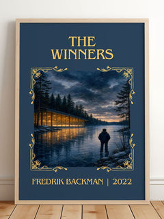 The Winners Classic Book Art Print by Fredrik Backman – framed print leaning on a wooden floor