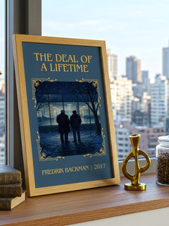 The Deal Of A Lifetime Classic Book Art Print by Fredrik Backman – framed print on a city-view windowsill