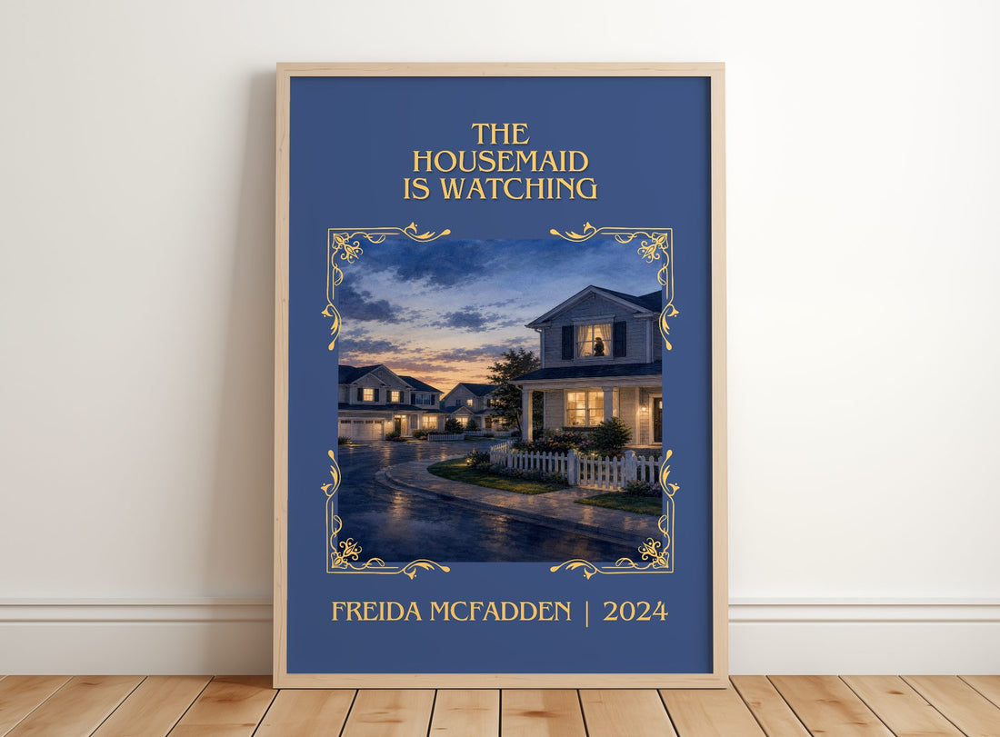The Housemaid Is Watching Classic Book Art Print by Freida Mcfadden – framed print leaning on a wooden floor