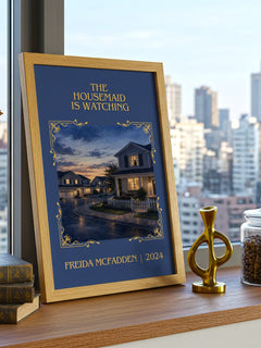 The Housemaid Is Watching Classic Book Art Print by Freida Mcfadden – framed print on a city-view windowsill