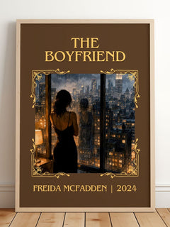 The Boyfriend Classic Book Art Print by Freida Mcfadden – framed print leaning on a wooden floor