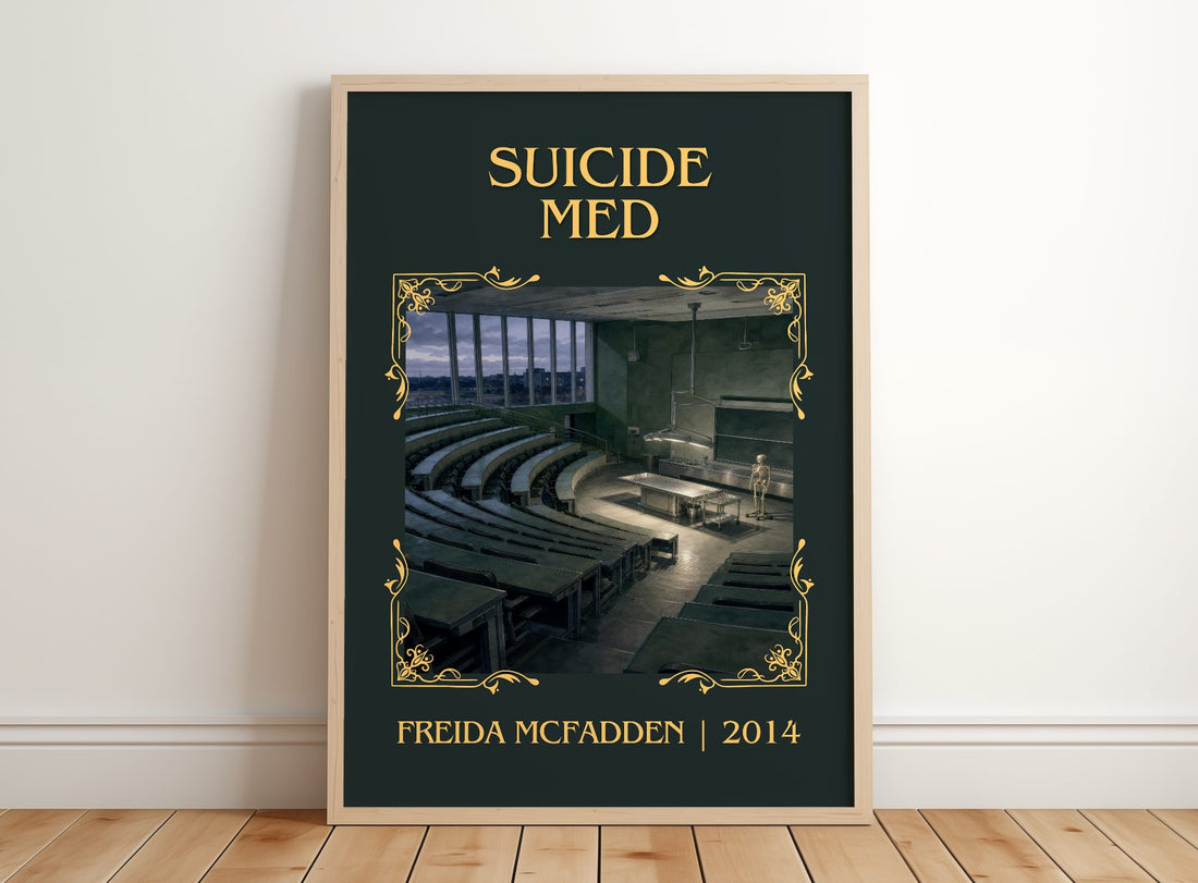 Suicide Med Classic Book Art Print by Freida Mcfadden – framed print leaning on a wooden floor