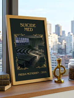 Suicide Med Classic Book Art Print by Freida Mcfadden – framed print on a city-view windowsill