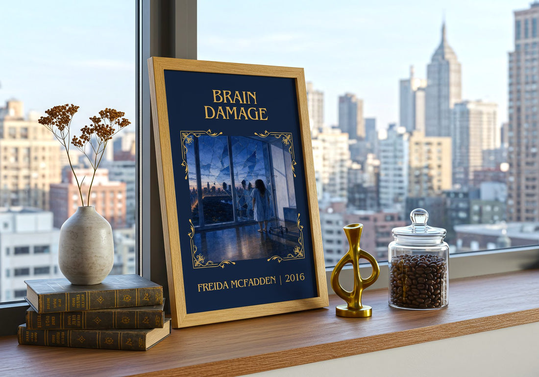 Brain Damage Classic Book Art Print by Freida Mcfadden – framed print on a city-view windowsill
