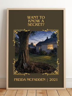 Want To Know A Secret? Classic Book Art Print by Freida Mcfadden – framed print leaning on a wooden floor