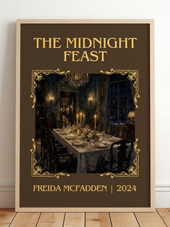 The Midnight Feast Classic Book Art Print by Freida Mcfadden – framed print leaning on a wooden floor