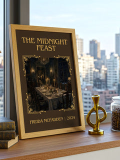 The Midnight Feast Classic Book Art Print by Freida Mcfadden – framed print on a city-view windowsill